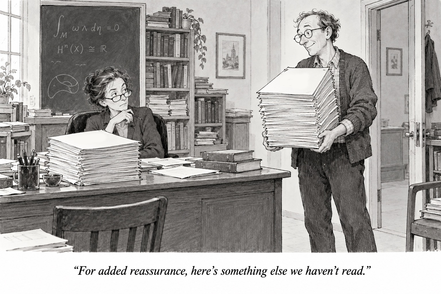 Cartoon: a mathematician carries a tall stack of papers into a colleague’s cluttered office and says, “For added reassurance, here’s something else we haven’t read.”